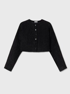 Cropped Long-Sleeve Button Front Top - Black
